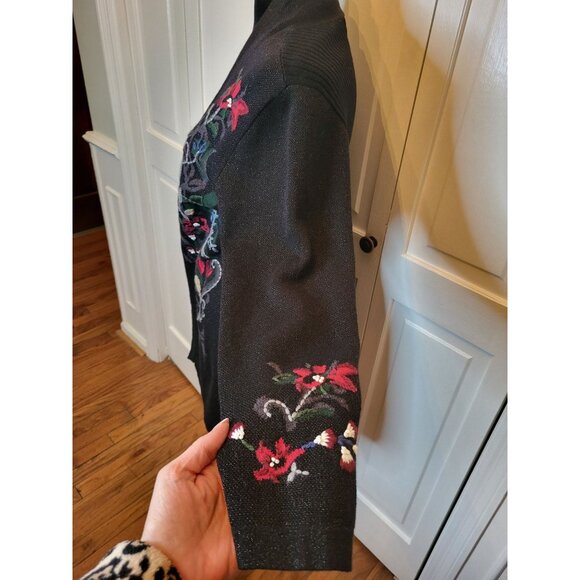 Black Floral Open Cardigan Pleated Embroidered L Whimsygoth Cottage Fairy Boho - Picture 4 of 7